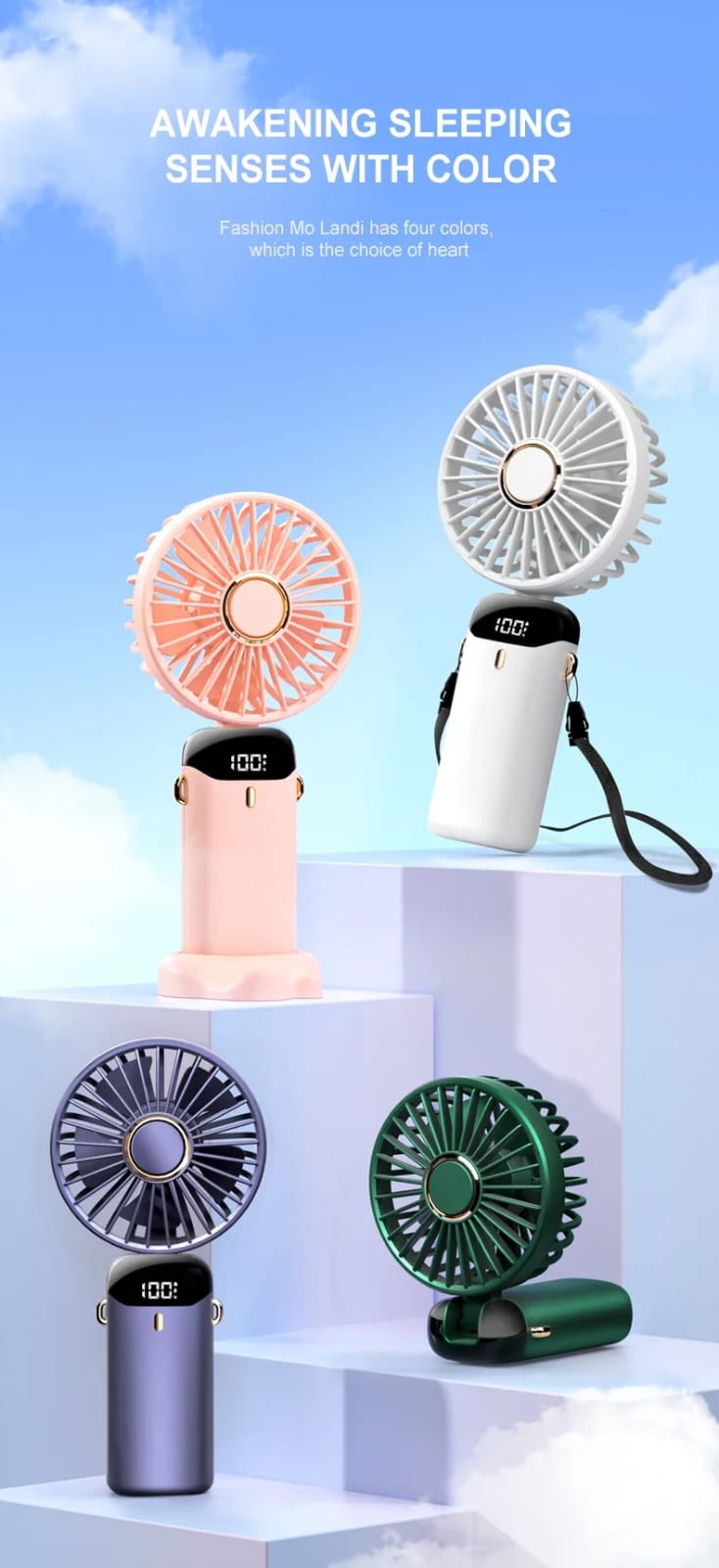 Handheld Mini Fan Foldable Portable Neck Hanging Fans 5 Speed USB Rechargeable Fan with Phone Stand and Display Screen   Random colour